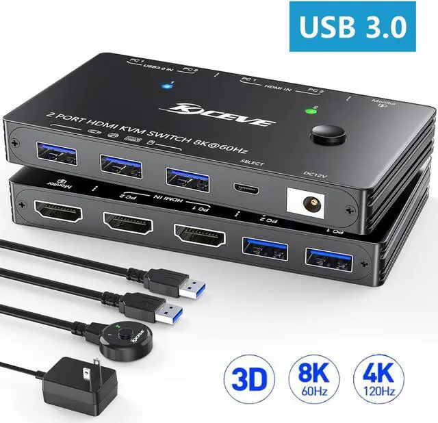 Main image of 2 Port HDMI KVM Switch 2 in 1 Out, USB 3.0 KVM Switch HDMI 8K@60Hz with 3 USB 3.0 Switch for 2 Computers Sharing 1 Monitor Keyboard Mouse with 2 USB Cables, Power Adapter and Controller