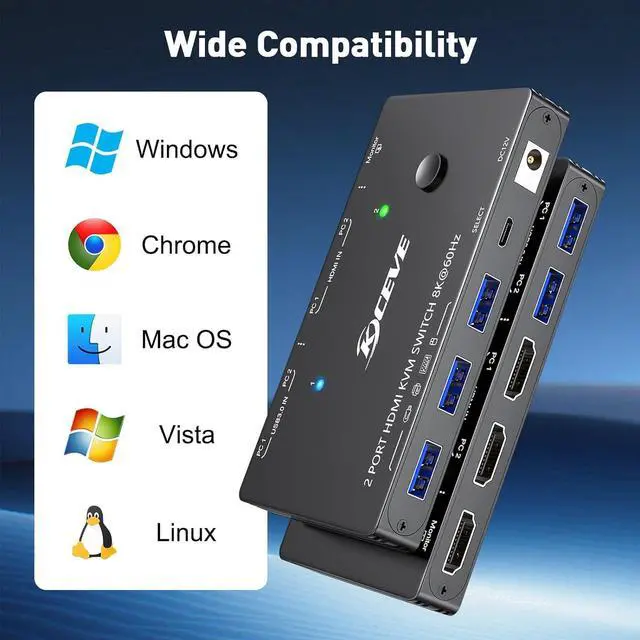 Alt view image 6 of 7 - 2 Port HDMI KVM Switch 2 in 1 Out, USB 3.0 KVM Switch HDMI 8K@60Hz with 3 USB 3.0 Switch for 2 Computers Sharing 1 Monitor Keyboard Mouse with 2 USB Cables, Power Adapter and Controller