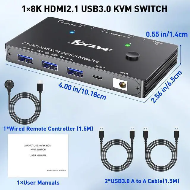 Alt view image 7 of 7 - 2 Port HDMI KVM Switch 2 in 1 Out, USB 3.0 KVM Switch HDMI 8K@60Hz with 3 USB 3.0 Switch for 2 Computers Sharing 1 Monitor Keyboard Mouse with 2 USB Cables, Power Adapter and Controller