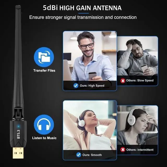 Alt view image 5 of 7 - Long Range USB Bluetooth 5.3 Dongle Adapter for PC Laptop Computer,Low Latency, 492FT/150M Wireless Transfer, for Bluetooth Keyboard Mouse Printer,Compatible With Windows 11/10/8.1/7, Plug and Play