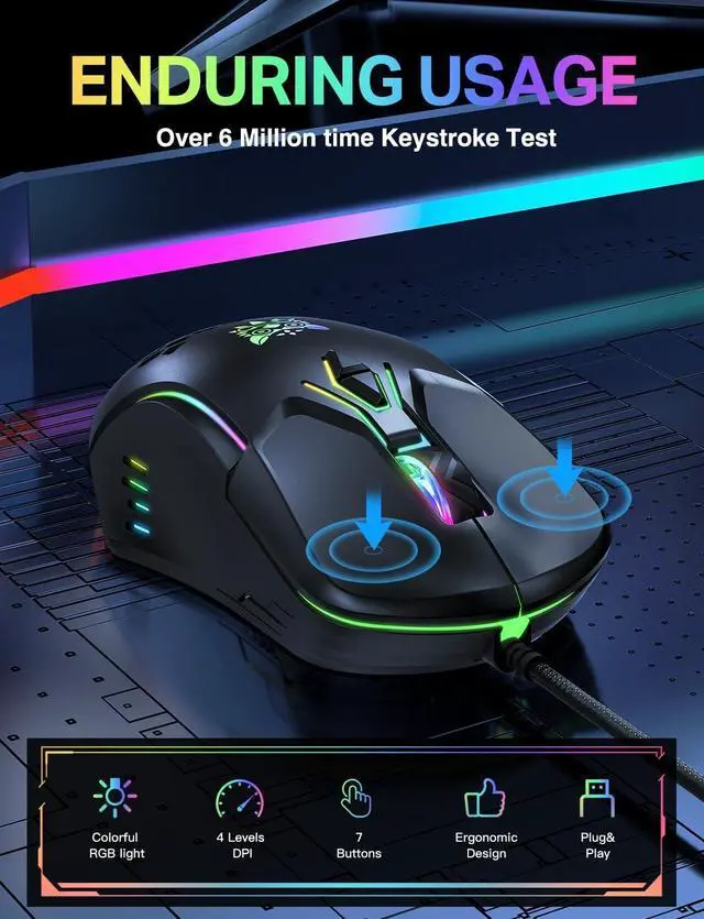 Alt view image 2 of 7 - GAMING Mice, USB Wired Gaming Mouse, Colorful RGB Light, 3600 DPI 4 Adjustable Levels, USB Ergonomic Mouse for Computer/Laptop, 7 Buttons Optical Mouse, Right or Left Hand Use, Black