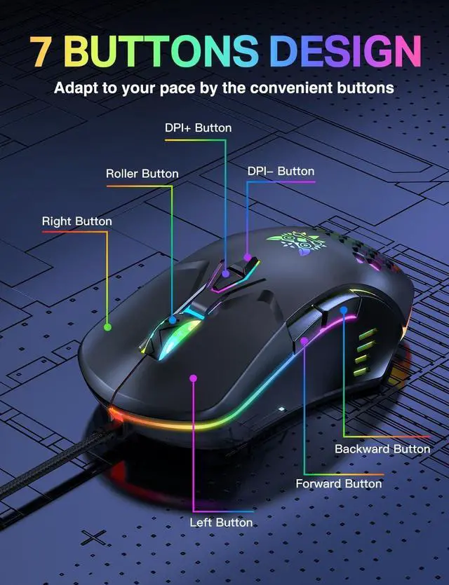 Alt view image 5 of 7 - GAMING Mice, USB Wired Gaming Mouse, Colorful RGB Light, 3600 DPI 4 Adjustable Levels, USB Ergonomic Mouse for Computer/Laptop, 7 Buttons Optical Mouse, Right or Left Hand Use, Black
