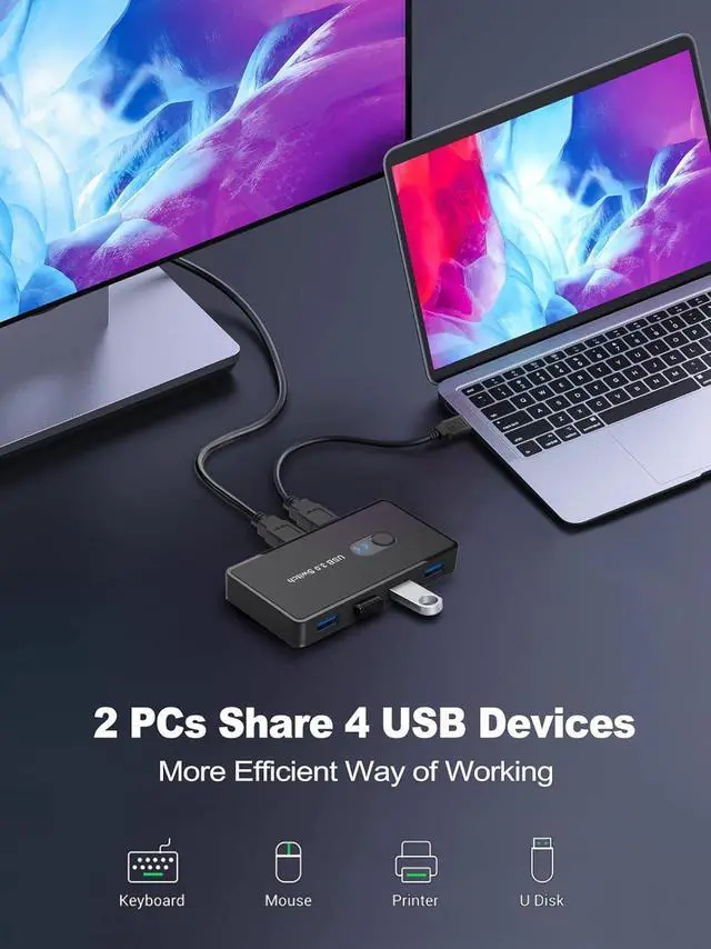 Alt view image 2 of 6 - USB 3.0 Switch 2 in 4 Out, USB Switcher Selector 2 Computers Sharing 4 USB 3.0 Ports, KM Switcher Box with 2 Pack USB Cable for PC, Printer, Scanner, Mouse, Keyboard, Compatible with Mac/Windows/Linux