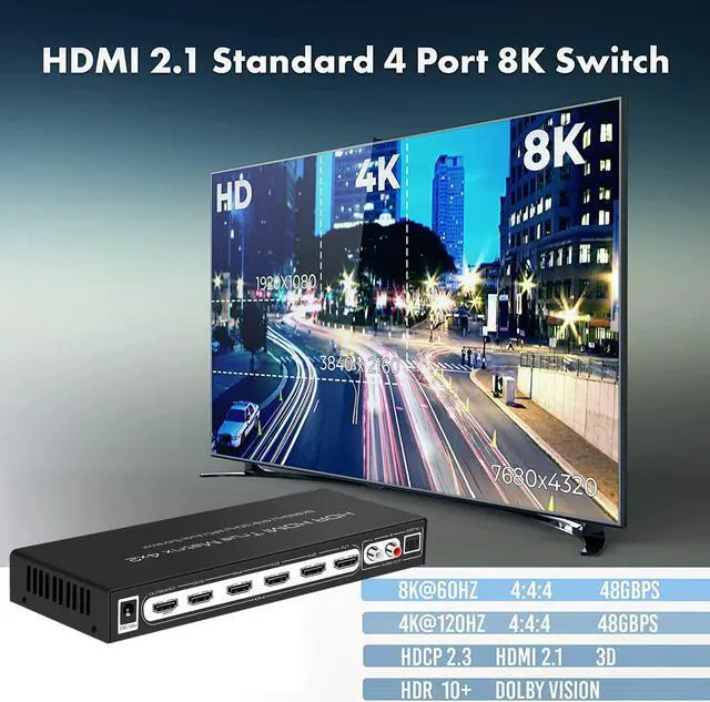 Alt view image 2 of 7 - 8K 4x2 HDMI Matrix Switch w/ Audio Extractor | 8K @60Hz 4K @120Hz HDR, Supports ARC, Optical + RCA Audio Output, IR Remote 4 In 2 Out HDMI Switcher for Xbox, PS5, Blu-ray