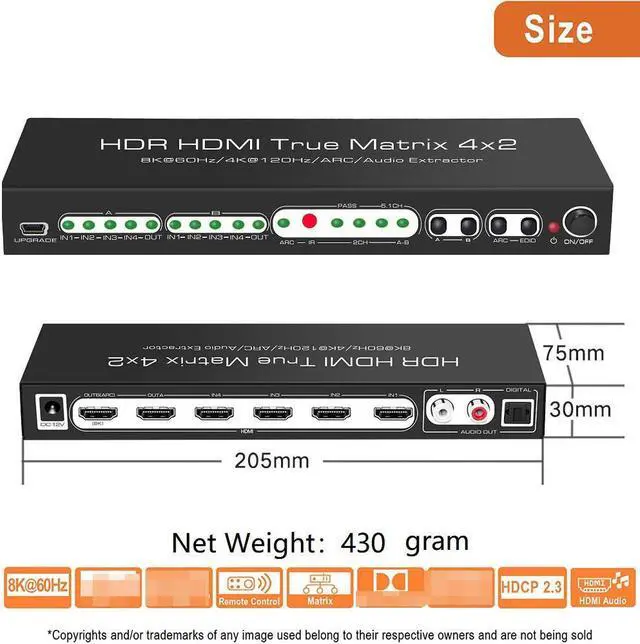 Alt view image 4 of 7 - 8K 4x2 HDMI Matrix Switch w/ Audio Extractor | 8K @60Hz 4K @120Hz HDR, Supports ARC, Optical + RCA Audio Output, IR Remote 4 In 2 Out HDMI Switcher for Xbox, PS5, Blu-ray