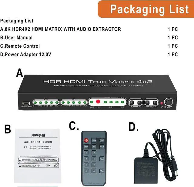 Alt view image 6 of 7 - 8K 4x2 HDMI Matrix Switch w/ Audio Extractor | 8K @60Hz 4K @120Hz HDR, Supports ARC, Optical + RCA Audio Output, IR Remote 4 In 2 Out HDMI Switcher for Xbox, PS5, Blu-ray
