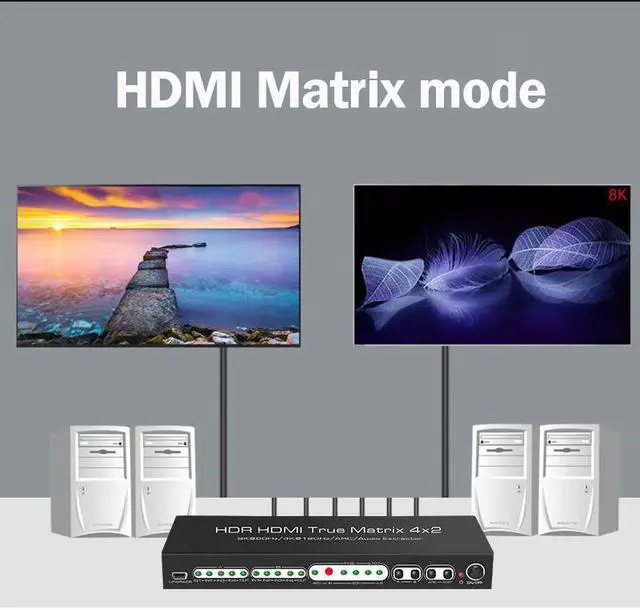 Alt view image 7 of 7 - 8K 4x2 HDMI Matrix Switch w/ Audio Extractor | 8K @60Hz 4K @120Hz HDR, Supports ARC, Optical + RCA Audio Output, IR Remote 4 In 2 Out HDMI Switcher for Xbox, PS5, Blu-ray