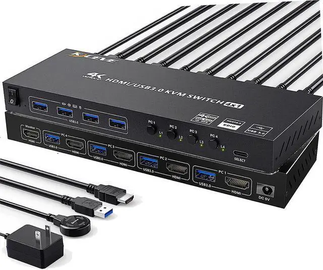 Main image of USB 3.0 KVM Switch HDMI 4 Port Support 4K @60Hz 2K @120Hz Simulation EDID, HDMI USB3.0 Switch for 4 Computers Share 1 Monitor with 4 USB 3.0 Port, with Desktop Controller and KVM Cables