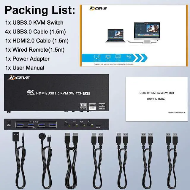 Alt view image 6 of 7 - USB 3.0 KVM Switch HDMI 4 Port Support 4K @60Hz 2K @120Hz Simulation EDID, HDMI USB3.0 Switch for 4 Computers Share 1 Monitor with 4 USB 3.0 Port, with Desktop Controller and KVM Cables