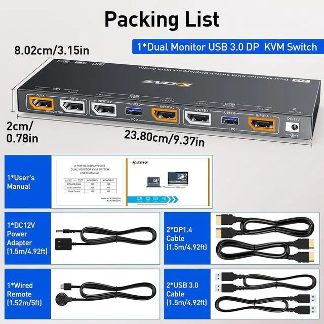 Alt view image 7 of 7 - Displayport KVM Switch, 2x2 Dual Monitor Displayport KVM Switch for 2 Computers 8K@30Hz/4K@144Hz Extend Display Support KVM Mode and USB Mode with Voice Control and Remote Control Include KVM Cables