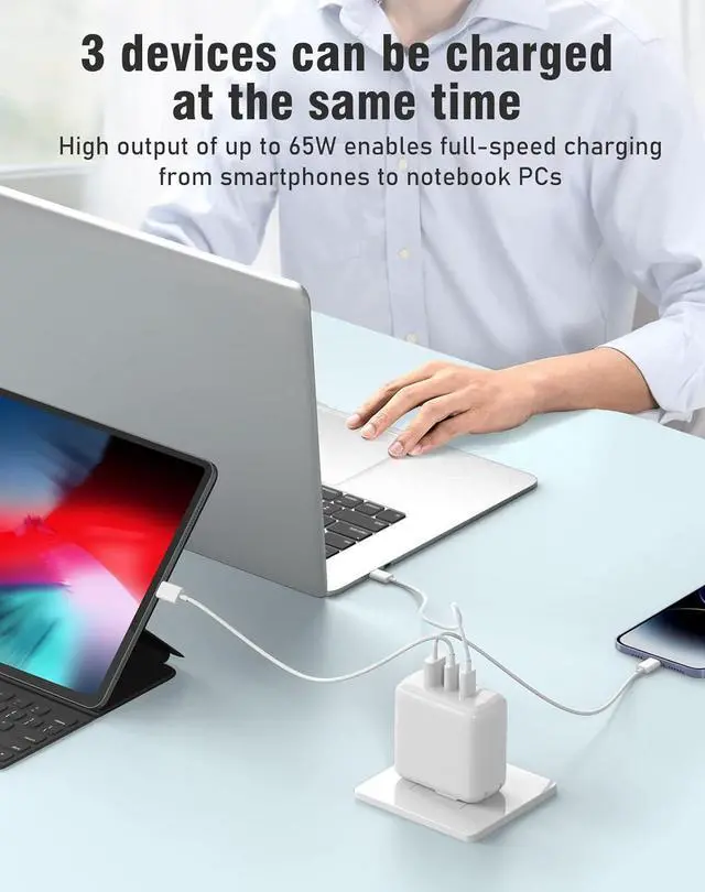 Alt view image 2 of 7 - USB C Charger Block, 65W 3 Port QC + PD3.0 GaN Power Adapter Type C Fast Charging Block Wall Plug for Mac-Book Pro/Air, i-Pad Pro, i-P-hone 15 Pro Max/14/13/12, Android Phones etc.. (White)