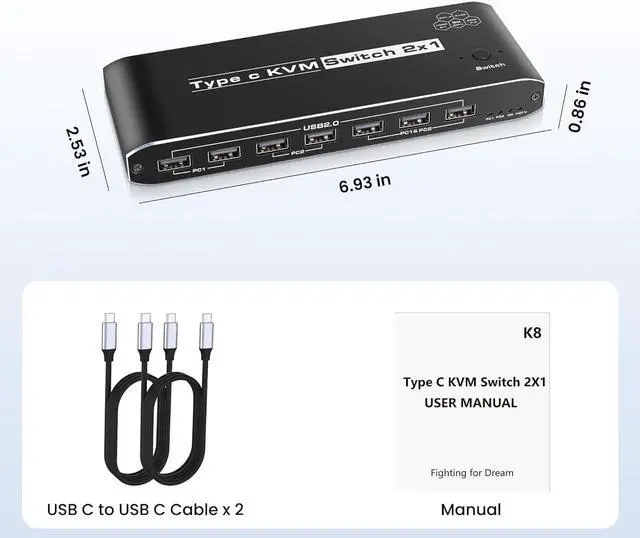 Alt view image 5 of 5 - 2 Port Type-C [HDMI or Displayport Out] KVM Switch, USB C KVM Switch with 7 USB-A Ports, 2 USB-C Charging 100W, RJ45, 3.5mm Jack, Thunderbolt KVM Supports 4K@60Hz with HDMI and DP Output for Laptop
