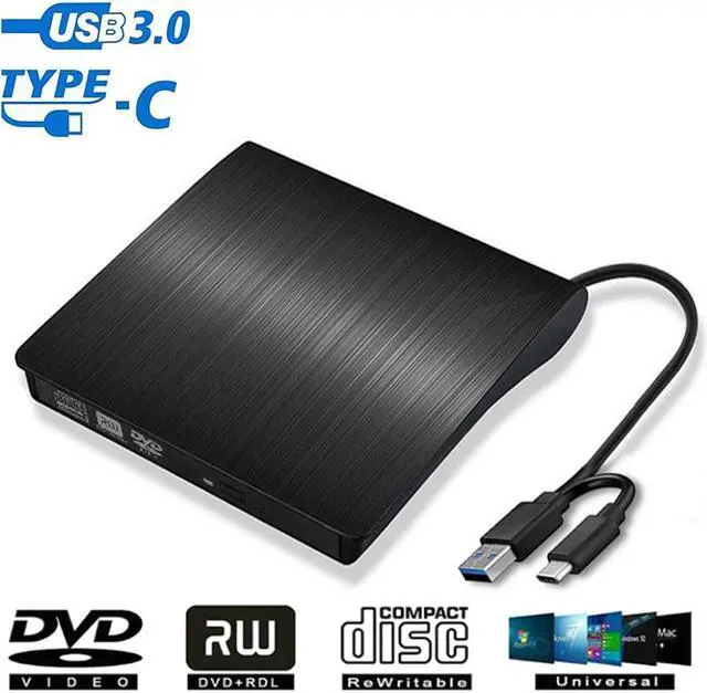 Main image of 2-in-1 External CD DVD Drive, USB 3.0 & USB Type-C Portable Slim CD DVD +/-RW Drive Player Optical DVD Drive, USB C External CD/DVD Burner for Mac Mac-Book Pro/Air, i-Mac, Windows 11/10 Laptop Desktop