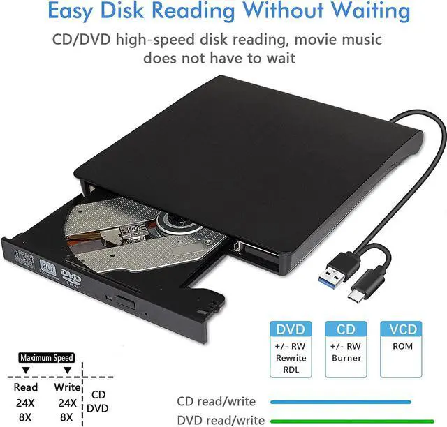 Alt view image 4 of 7 - 2-in-1 External CD DVD Drive, USB 3.0 & USB Type-C Portable Slim CD DVD +/-RW Drive Player Optical DVD Drive, USB C External CD/DVD Burner for Mac Mac-Book Pro/Air, i-Mac, Windows 11/10 Laptop Desktop
