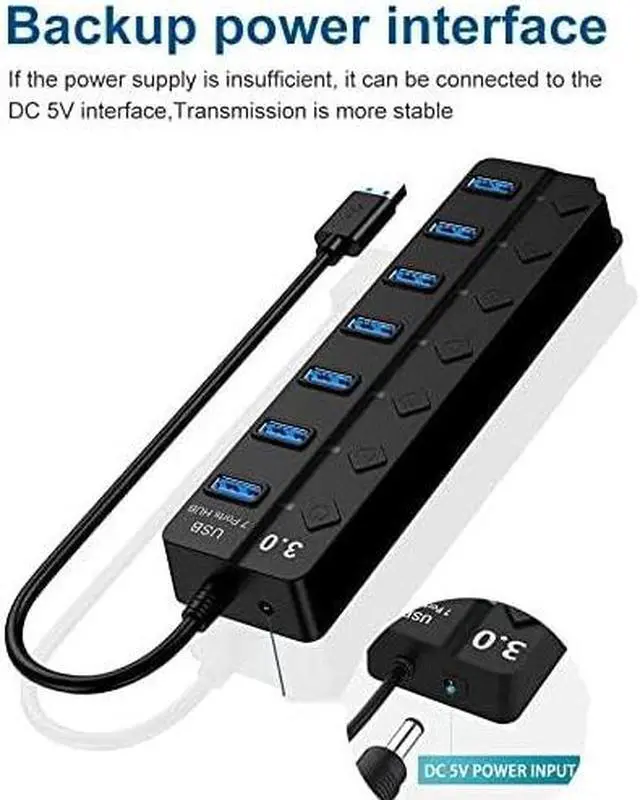 Alt view image 4 of 7 - 7-Port USB 3.0 Hub, High Speed up to 5GB/S Data USB Hub USB3.0 Splitter with Individual On/Off and Power LED Switches for MacBook, Mac Pro/Mini and More 8iop