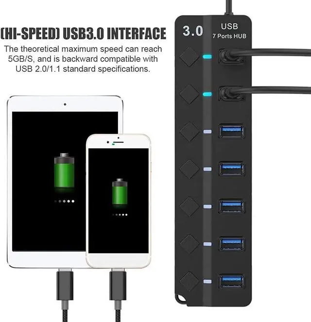 Alt view image 6 of 7 - 7-Port USB 3.0 Hub, High Speed up to 5GB/S Data USB Hub USB3.0 Splitter with Individual On/Off and Power LED Switches for MacBook, Mac Pro/Mini and More 8iop