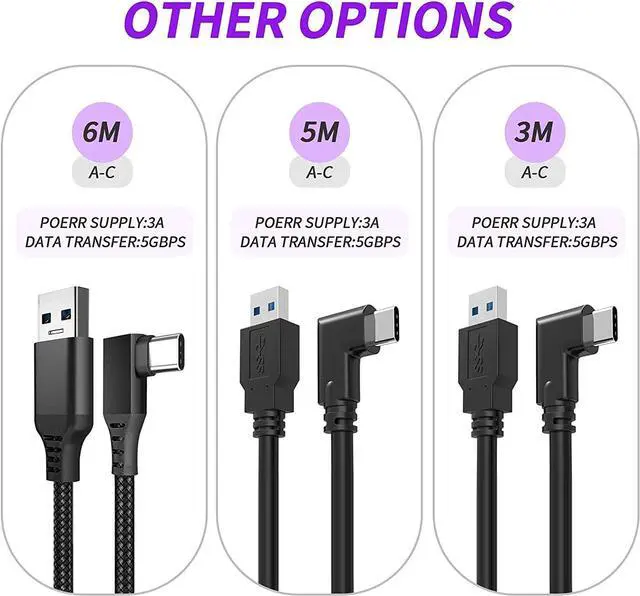 Alt view image 7 of 7 - for Oculus Quest 2 Link Cable 20ft/6M, Nylon Braided 90 Degree Angle USB-A to USB-C cable with 5Gbps Data Transfer and 60W Fast Charging for Meta/Oculus Quest 2 and Quest VR headset and More (Black)