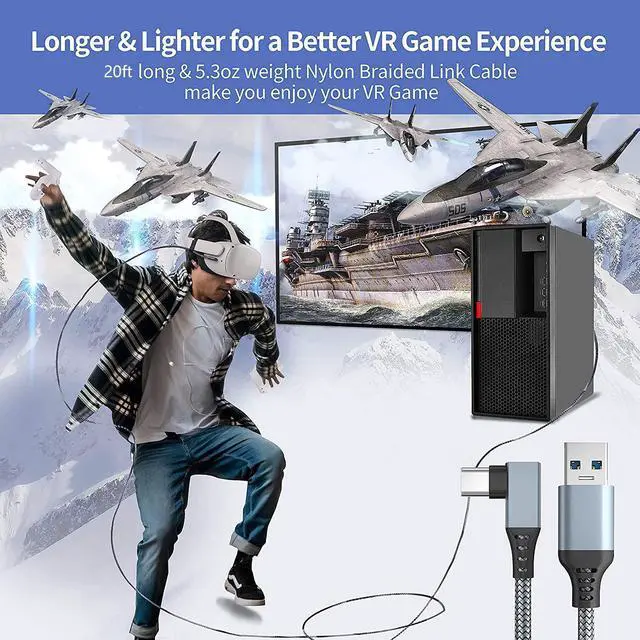 Alt view image 6 of 7 - for Oculus Quest 2 Link Cable 20ft/6M, Nylon Braided 90 Degree Angle USB-A to USB-C cable with 5Gbps Data Transfer and 60W Fast Charging for Meta/Oculus Quest 2 and Quest VR headset and More (Black)