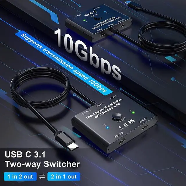 Alt view image 6 of 7 - USB C Switch 2 in 1 Out or 1 in 2 Out, Bi-Directional USB Type C KVM Switch Support 8K @60Hz 4K @120Hz Video/10Gbps Data Transfer/100W Charging,Compatible with Thunderbolt Device