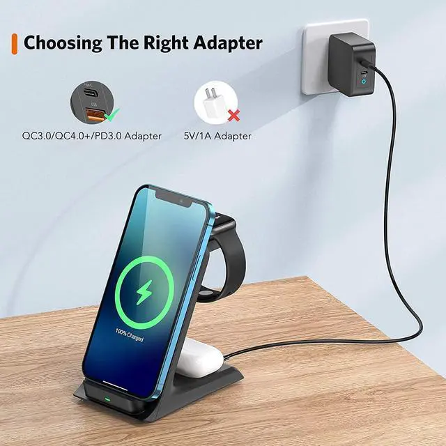 Alt view image 2 of 6 - Wireless Charger, 3 in 1 15W Wireless Charger Stand Compatible with iPhone 12/12Pro/11/11Pro/Max/XR/XS Max/X iWatch 6/SE/5/4/3/2/1/AirPods, Samsung Galaxy S21/S20/S20+/S10