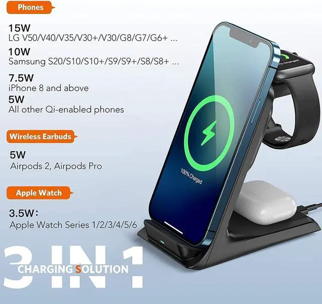 Alt view image 4 of 6 - Wireless Charger, 3 in 1 15W Wireless Charger Stand Compatible with iPhone 12/12Pro/11/11Pro/Max/XR/XS Max/X iWatch 6/SE/5/4/3/2/1/AirPods, Samsung Galaxy S21/S20/S20+/S10