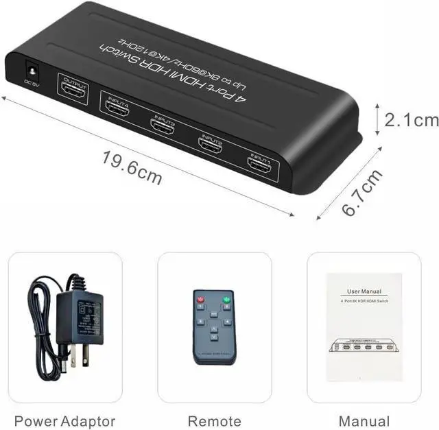 Alt view image 7 of 7 - 4 Port HDMI 2.1 Switch 4K@120Hz 8K@60Hz, 48Gbps transfer rate, HDMI Switcher 4 in 1 Out Support PS-5, X-box Series X, HDR10+, Do-lby Vision Do-l-by At-mos