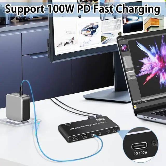 Alt view image 4 of 7 - USB-C KVM Switch 2 in 1 Out (HDMI or DP Out), 2 Port Type-C KVM Switch, USB-C KVM with 4 USB 2.0 Port Support 8K@60Hz, 100W PD Fast Charging, 2 PC Share Mouse, Keyboard and DisplayPort/HDMI Monitor