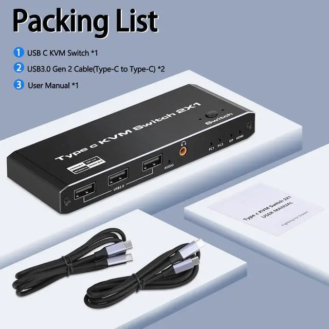 Alt view image 7 of 7 - USB-C KVM Switch 2 in 1 Out (HDMI or DP Out), 2 Port Type-C KVM Switch, USB-C KVM with 4 USB 2.0 Port Support 8K@60Hz, 100W PD Fast Charging, 2 PC Share Mouse, Keyboard and DisplayPort/HDMI Monitor