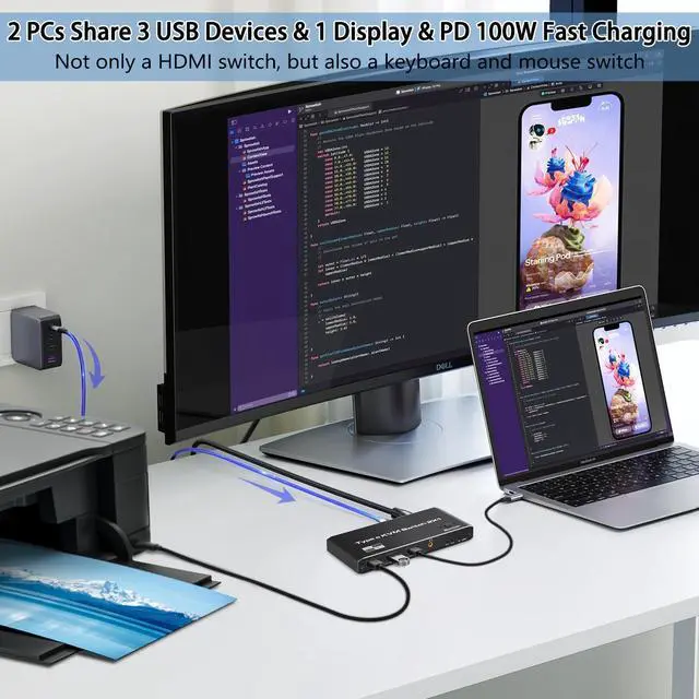 Alt view image 3 of 7 - USB-C KVM Switch 2 in 1 Out (HDMI or DP Out), 2 Port Type-C KVM Switch, USB-C KVM with 4 USB 2.0 Port Support 8K@60Hz, 100W PD Fast Charging, 2 PC Share Mouse, Keyboard and DisplayPort/HDMI Monitor