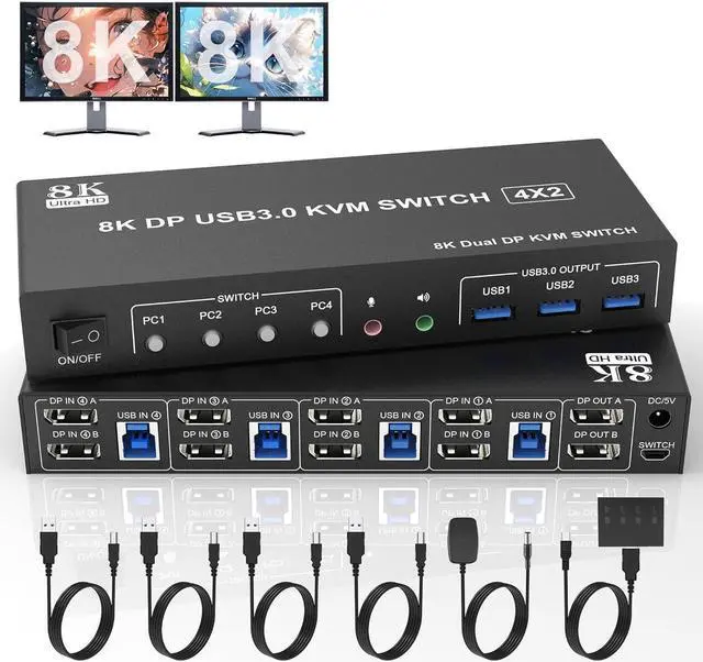 Main image of 8K@60Hz Displayport USB 3.0 KVM Switch 2 Monitors 4 Computers, DP1.4 KVM Switch Dual Monitor with Audio Microphone Output and 3 USB 3.0 Ports, 4 Port KVM Switch Displayport for 4 PCs 2 Monitors