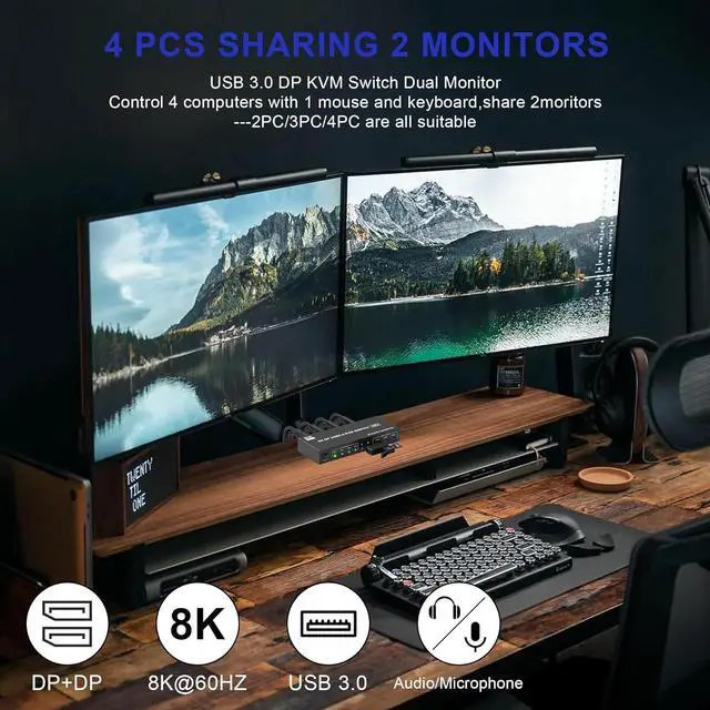 Alt view image 6 of 7 - 8K@60Hz Displayport USB 3.0 KVM Switch 2 Monitors 4 Computers, DP1.4 KVM Switch Dual Monitor with Audio Microphone Output and 3 USB 3.0 Ports, 4 Port KVM Switch Displayport for 4 PCs 2 Monitors