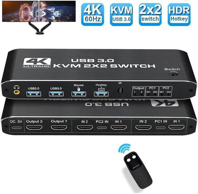 Main image of 2 in 2 Out 4K HDMI 2.0 KVM Switch with 3.5mm Jack Audio Output, USB 3.0 HDMI KVM Switch 2x2 for 2 Computers and 2 Monitors 4K @60Hz with 3 Display Method, Hot Key Switching, IR Control