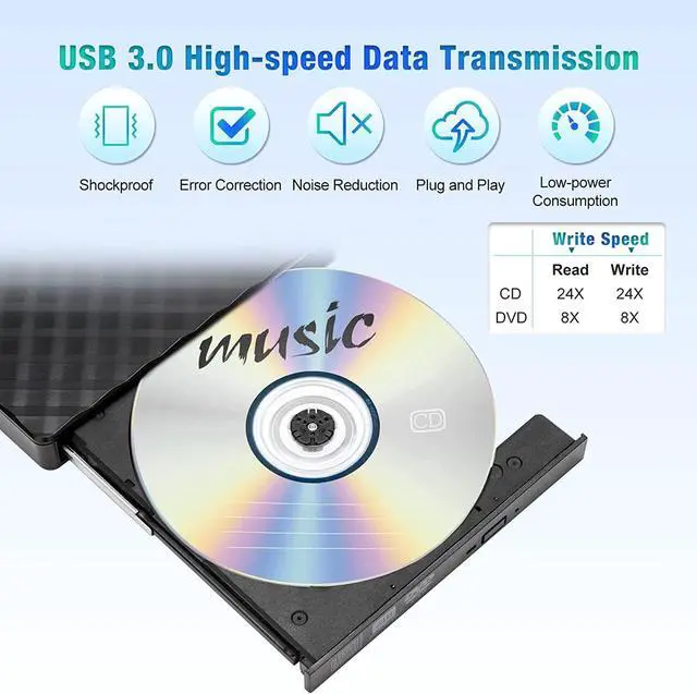 Alt view image 3 of 7 - External CD/DVD Drive, USB 3.0 Ultra Slim Portable DVD Writer  External USB CD Drive DVD ROM CD Player/Rewriter +/-RW writer Burner player, Great Compatible With Windows/Mac OS/Laptop/PC/Desktops