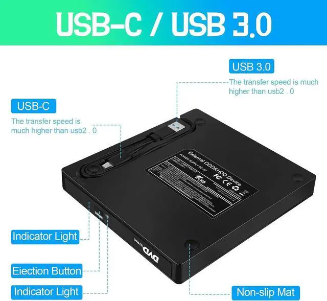 Alt view image 3 of 7 - External CD DVD Drive, CD Burner CD Reader, USB 3.0 & Type C DVD Drive with 4 USB Ports and 2 TF/SD Card Slots, Slim Optical USB CD/DVD Drive for PC Windows 11/10/8 Laptop Mac Linux OS
