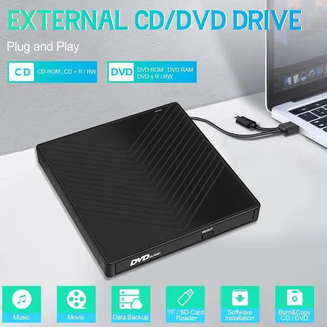 Alt view image 7 of 7 - External CD DVD Drive, CD Burner CD Reader, USB 3.0 & Type C DVD Drive with 4 USB Ports and 2 TF/SD Card Slots, Slim Optical USB CD/DVD Drive for PC Windows 11/10/8 Laptop Mac Linux OS