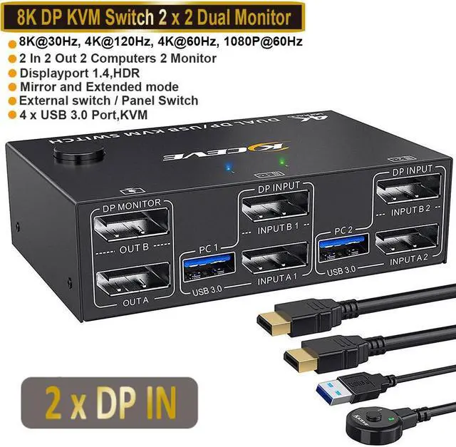 Main image of USB 3.0 DP KVM Switch for 2 PC 2 Monitors, 8K @30Hz 4K @144Hz Extended Display, 2 in 2 Out Dual Monitor Displayport 1.4 KVM Switch for 4 USB Devices Mouse Keyboard, with 2 USB3.0 and 2 DP Cables
