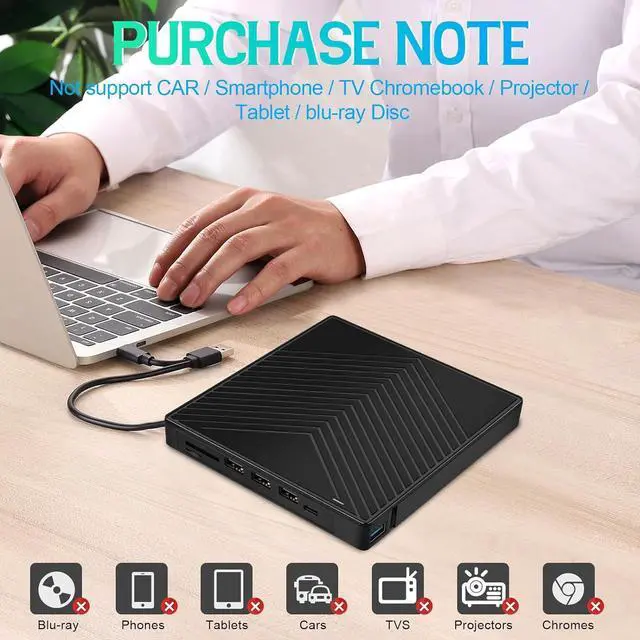 Alt view image 6 of 7 - External CD DVD Drive, CD Burner CD Reader, USB 3.0 & Type C DVD Drive with 4 USB Ports and 2 TF/SD Card Slots, Slim Optical USB CD/DVD Drive for PC Windows 11/10/8 Laptop Mac Linux OS