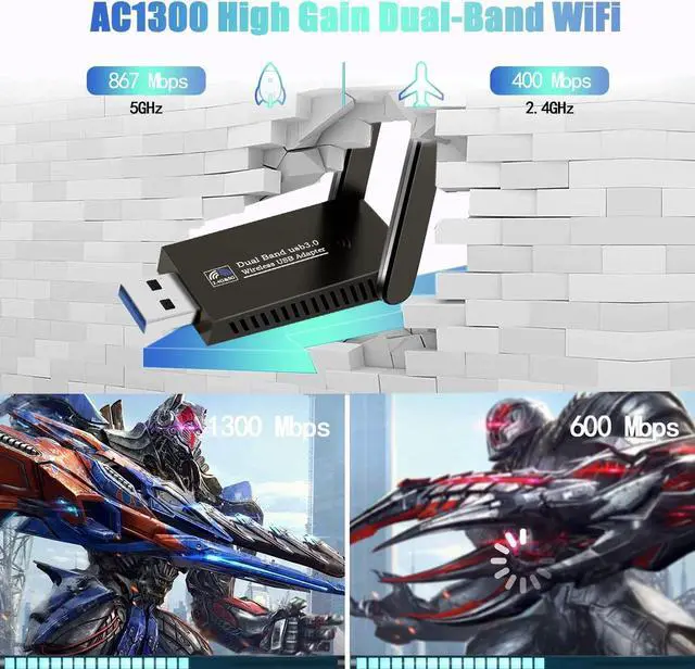 Alt view image 2 of 7 - USB WiFi Adapter 1300Mbps, Dual 5dBi High Gain Antenna Wireless Adapter for PC Desktop Laptop 2.4Ghz/5Ghz WiFi dongle Features 802.11ac Compatible with Windows 10/7/8/8.1/XP/Vista Mac OS Linux