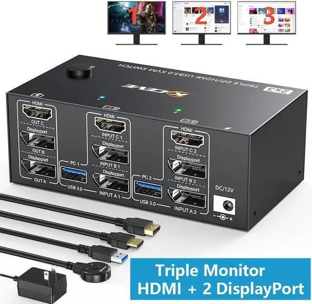 Main image of KVM Switch 3 Monitors 2 Computers 8K@60Hz 4K@144Hz, HDMI + 2 Displayport Triple Monitor KVM Switch for 2 Computer Share 3 Monitor and 4 USB 3.0 Port Keyboard Mouse,Wired Remote and USB Cables Included