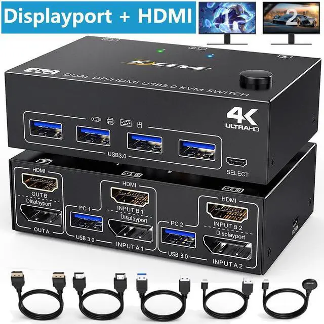 Main image of USB 3.0 Dual Monitor KVM Switch HDMI+Displayport 4K@60Hz, 2K@120Hz, 2 in 2 Out [DP + HDMI] USB 3.0 KVM Switch for 2 Computers Share 2 Display and 4 USB3.0 Devices, Wired Remote and 4 Cables Included