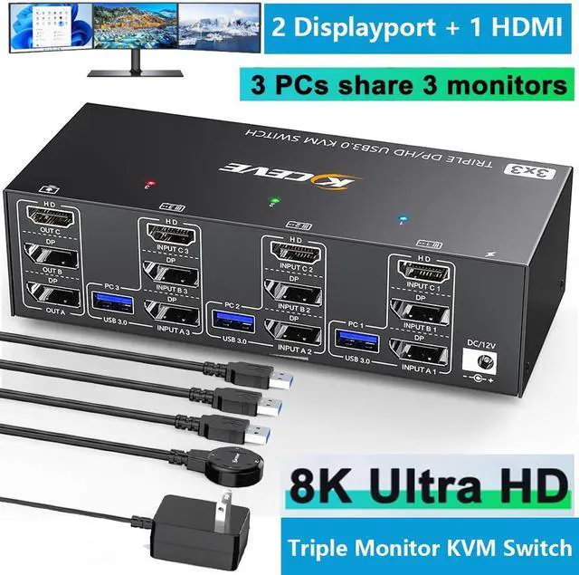 Main image of Triple Monitor KVM Switch 8K@60Hz, HDMI + 2*Displayport USB 3.0 KVM Switch 3 Monitors 3 Computers, KVM Switches with 4 USB 3.0 Port for Keyboard Mouse Printer, Wired Remote and Power Adapter Included