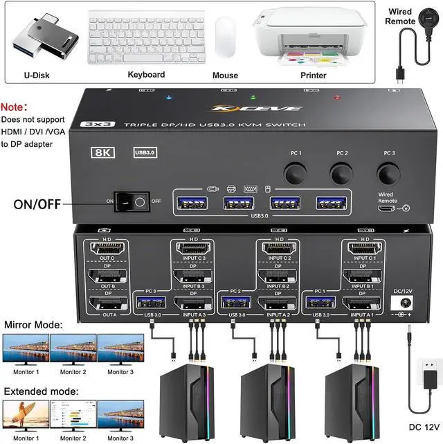 Alt view image 2 of 7 - USB 3.0 KVM Switch 3 PC 3 Monitors, 2 Displayport + HDMI Triple Monitors KVM Switch, 8K@60Hz KVM Switch 4K@144Hz, DP + DP + HDMI KVM Switch for 3 PC Share Mouse, Keyboard and 4 USB 3.0 Devices