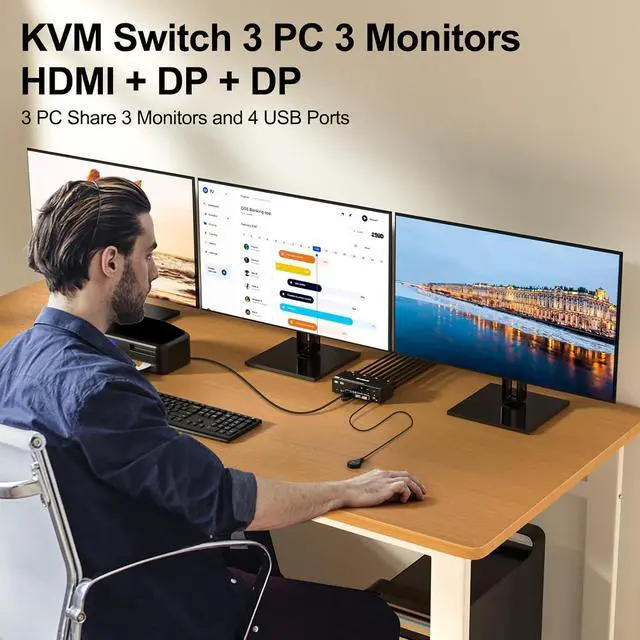 Alt view image 3 of 7 - USB 3.0 KVM Switch 3 PC 3 Monitors, 2 Displayport + HDMI Triple Monitors KVM Switch, 8K@60Hz KVM Switch 4K@144Hz, DP + DP + HDMI KVM Switch for 3 PC Share Mouse, Keyboard and 4 USB 3.0 Devices
