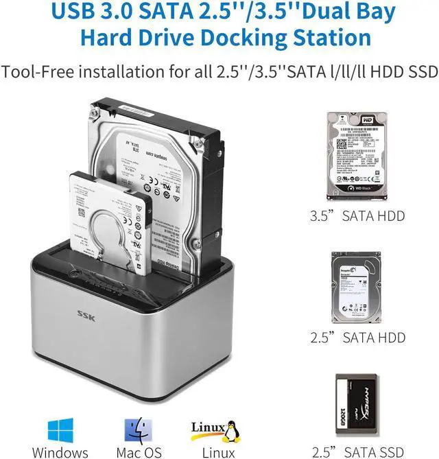 Alt view image 2 of 6 - SSK Aluminum USB 3.0 to SATA Dual Bay External Hard Drive Docking Station for 2.5 & 3.5 Inch HDD SSD SATA, Offline Clone Duplicator Function (16TB Supports)