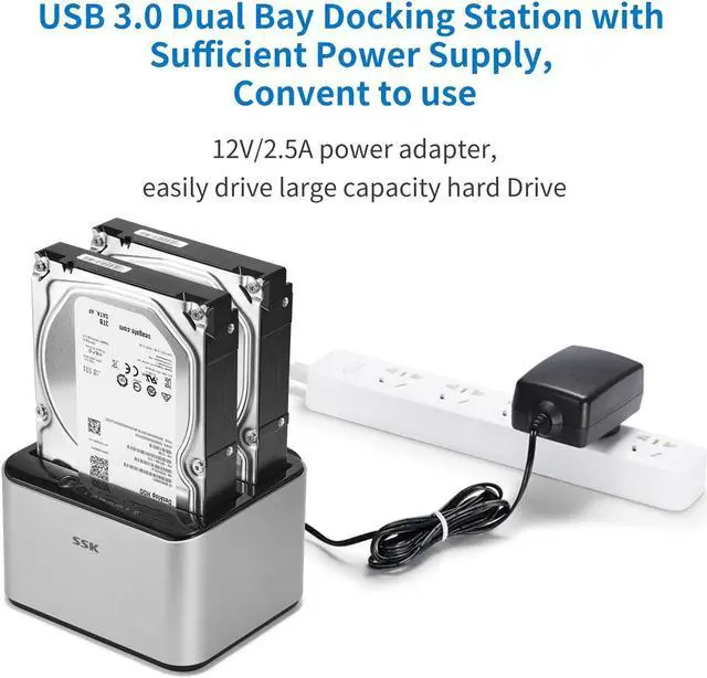Alt view image 5 of 6 - SSK Aluminum USB 3.0 to SATA Dual Bay External Hard Drive Docking Station for 2.5 & 3.5 Inch HDD SSD SATA, Offline Clone Duplicator Function (16TB Supports)