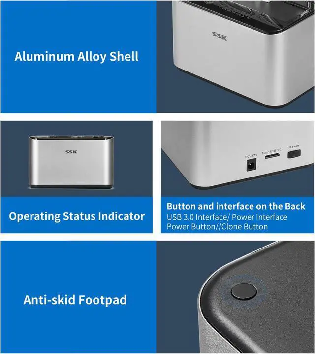 Alt view image 6 of 6 - SSK Aluminum USB 3.0 to SATA Dual Bay External Hard Drive Docking Station for 2.5 & 3.5 Inch HDD SSD SATA, Offline Clone Duplicator Function (16TB Supports)
