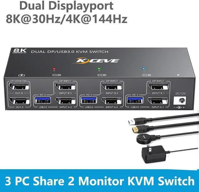 Main image of 8K DisplayPort KVM Switch 3 PC 2 Monitors 8K@30Hz, 4K@144Hz, Dual Monitor Displayport KVM Switch with DisplayPort 1.4 and 4 USB 3.0 Ports for 2 PC/Laptops, with DP + USB Cable and Desktop Controller