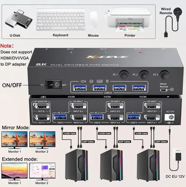 Alt view image 2 of 7 - 8K DisplayPort KVM Switch 3 PC 2 Monitors 8K@30Hz, 4K@144Hz, Dual Monitor Displayport KVM Switch with DisplayPort 1.4 and 4 USB 3.0 Ports for 2 PC/Laptops, with DP + USB Cable and Desktop Controller