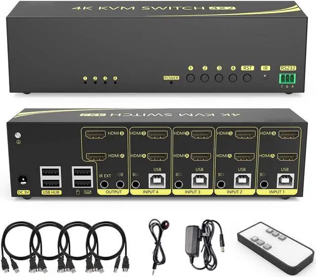 Main image of HDMI KVM Switch 4 in 2 Out Dual Monitor Extended Display 4K@60Hz 4:4:4 with Audio and USB 2.0 Hub Sharing PC Monitor Keyboard Mouse Switcher
