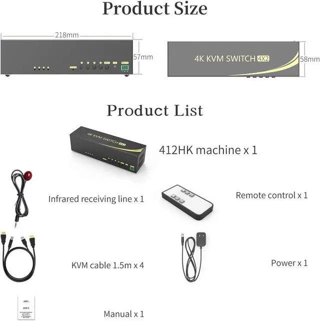 Alt view image 6 of 6 - HDMI KVM Switch 4 in 2 Out Dual Monitor Extended Display 4K@60Hz 4:4:4 with Audio and USB 2.0 Hub Sharing PC Monitor Keyboard Mouse Switcher